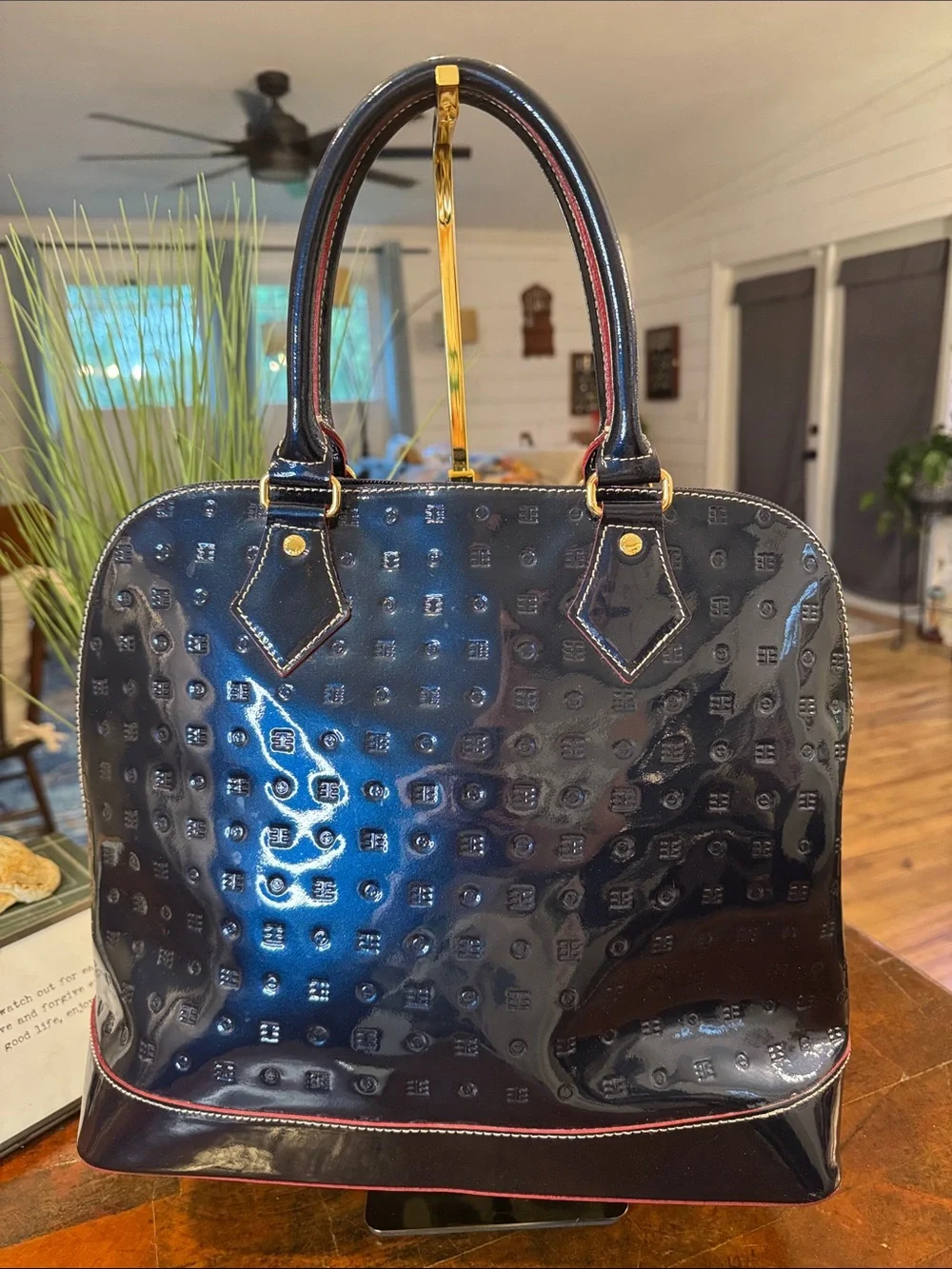 Arcadia Patent Dome Satchel in Navy with Red Trim